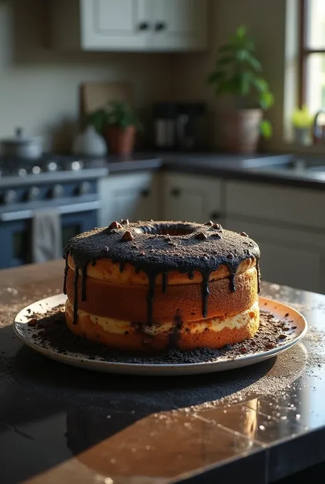 Create an image of a burnt cake on top of a kitchen counter that looks like a photo has been taken