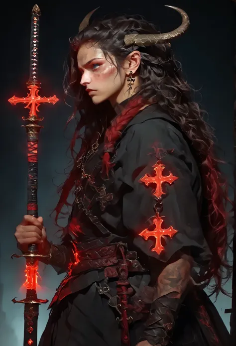 flat large general full body , imagen centraDa:1.5, obra maestra Del cuerpo, very aesthetically pleasing, just a previous girl , DEMON HUNTER , cross penDant , pelo gris De trío , black and red, long hair , Blue eyes, glowing eyes, penDiente en forma...