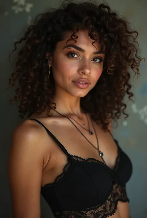 Mariana, A 24-year-old Mexican,  curly hair and a slightly matte complexion with a mole above her upper lip.,  she is medium sized with delicate shapes , She likes sports and travel . She is elegant and has a mysterious side 