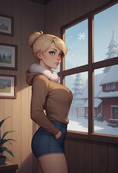 A young woman with blonde hair and green eyes stands in a room with wooden walls and a window. She wears a brown sweater and a white fur collar, and her gaze is directed to the left. The room is illuminated by soft light, and snowflakes are seen falling ou...