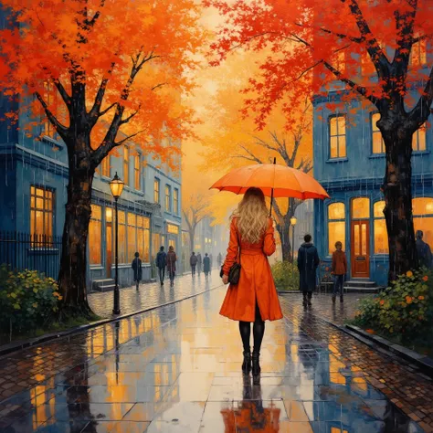 A woman in a vibrant orange coat walks through a cobblestone street on a rainy autumn day,  showcasing the beauty of falling rain and colorful leaves.  The woman has long, flowing blonde hair and carries an orange umbrella. The street is lined with mature ...