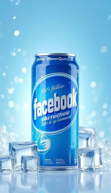 Create a soda can design that features a Facebook theme with a bright blue and white color palette. The can should feature a realistic illustration of Facebook. Display the brand name 'Qoemay WoenQpark' prominently in bold white text with the slogan 'Let's...