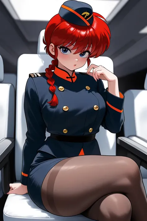 ranma chan touching her own legs, red hair, blue eyes, black flight attendant uniform, very short skirt, pantyhose, thick thighs, sitting, legs crossed, seductive pose