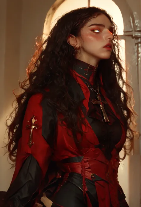 flat large general full body , imagen centraDa:1.5, obra maestra Del cuerpo, very aesthetically pleasing, just a previous girl , DEMON HUNTER , cross penDant , pelo gris De trío , black and red, long hair , Blue eyes, glowing eyes, penDiente en forma...