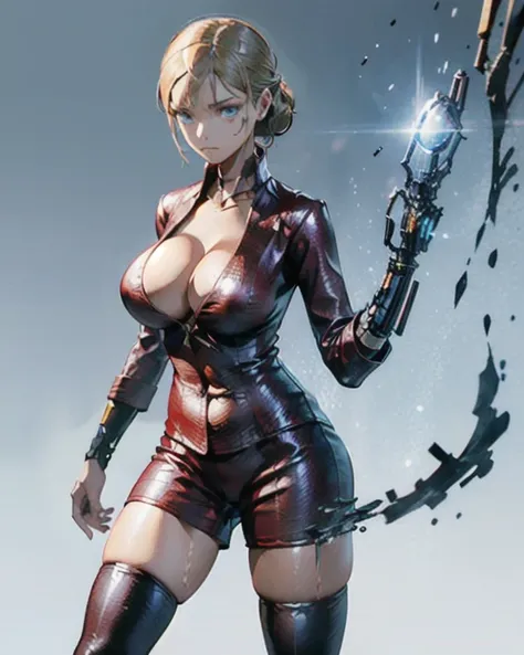  terminator、T-X、machine arm 、 are expressionless,  anime style,  Japanese illustration style,  Unreal Engine, Metal with sharp fingertips 、 thigh high boots、 Rider suit 、Liquid Metal、bullet mark 、 blonde,  simple background,  chignon flowing sideways,  big...