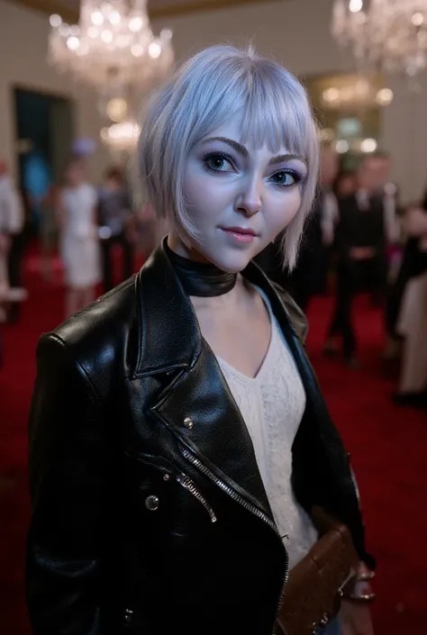 Woman with blue skin and lavender coloured hair (pixie cut) in black leather jacket and white tank top, at award ceremony 