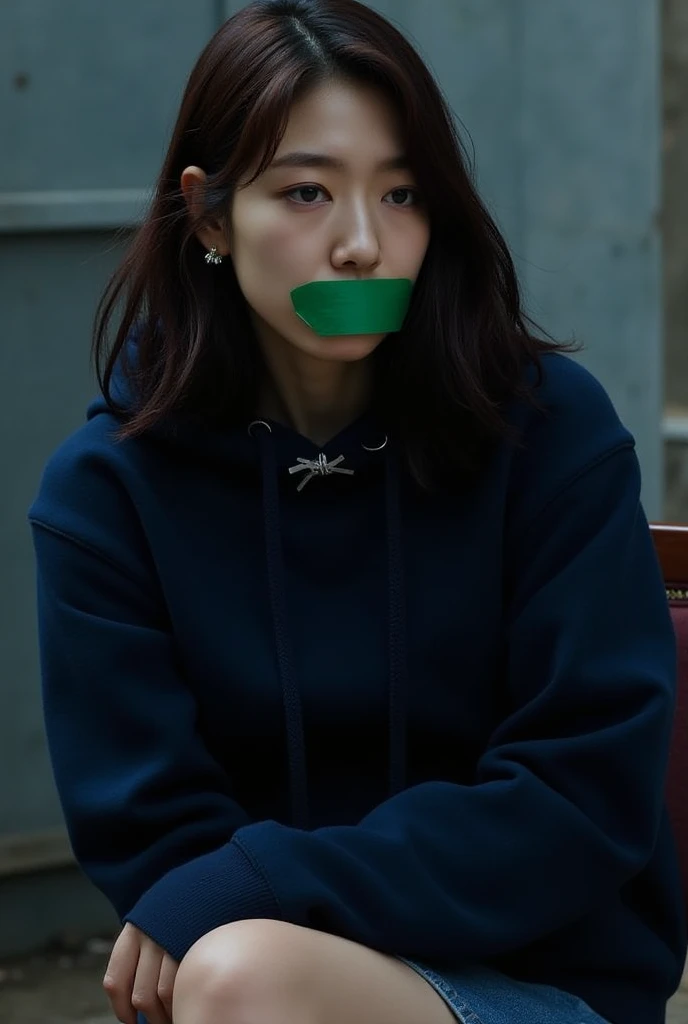 Park shin hye is wearing a denim skirt and navy blue hoodie、 sitting in a chair in an old slaughterhouse  、 Please hide your hands behind your back and open your mouth slightly 、 with green tape on your mouth  。 dark aura。