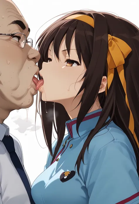   score_9,   score_8_ up,   score_7_ up,   score_6_ up,   score_5_ up,   score_4_  up, 
   1 girl 、((sweat))、   expressionless    、   close one eye  、medium breasts、  Suzumiya Haruhi,北高のuniform、  mouth 、顔の up、((Kissing with 1 ugly fat guy))、(( steam))、 you...