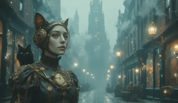 Ultra-smooth coherent movement, IMAX cinematic quality, hyper-detailed photorealism, extreme realism. Steampunk. Hyperrealistic. A grand Victorian-era setting. A pale woman with piercing green eyes, clad in a fitted corset of polished brass and dark leathe...