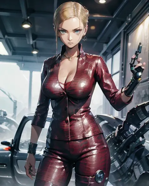  terminator、T-X、machine arm 、 are expressionless,  anime style,  Japanese illustration style,  Unreal Engine, Metal with sharp fingertips 、 thigh high boots、 Rider suit 、Liquid Metal、bullet mark 、 blonde,  simple background,  chignon flowing sideways,  big...