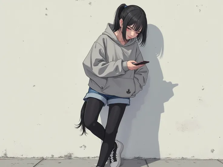 She wears a simple and neat outfit，Black tights and sneakers，Leans against the wall casually to rest，She looks capable and fashionable。The hairstyle under the hood is a handsome wolf-tail mullet，With a prince-like handsome face，Occasionally she lowers her ...