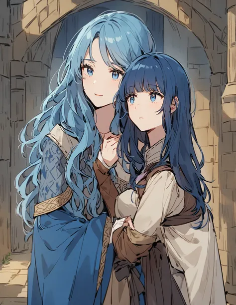 Draw a  girl with blue hair. The background is from the Middle Ages, and the clothes she's wearing have the feel of a commoner, and I wish her eyes were blue