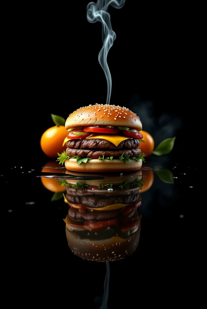 burger with thin smoke. ::1 plane black background with reflection. The texture of all oranges look very realistic. , hyper-realistic, cinematic, detailed, hypermaximalist, octane render, unreal engine 5, 8K