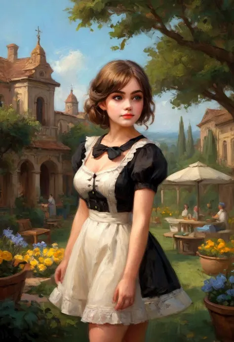 Adorable, Woman,big-eyed woman, round face. promenent lips. Smileing,In the garden,Her hands are behind her...., , large ass, wearing a cute sun dress. Picture from the side,looking at the scenes, intense colors, Very valuable details, complex details, vol...