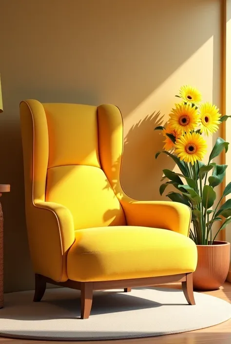 A big chair with a yellow flower 