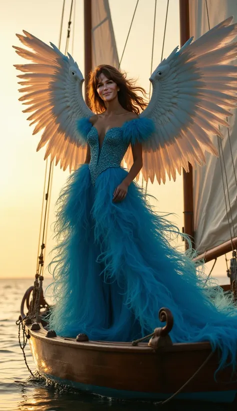 "Create a highly detailed and vibrant image of a woman wearing a stunning, extravagant blue dress with feathered wings, inspired by the style in the uploaded image. The woman is standing gracefully on a small vintage sailboat with white sails, positioned o...