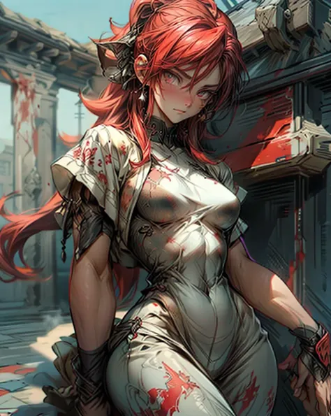 In a desolate battlefield at dusk, a fierce scarlet duelist stands, poised for combat. She is a woman of striking beauty and power, her long fiery red hair flowing in the wind, matching the crimson hue of her battle attire. Her body is covered in a tight, ...