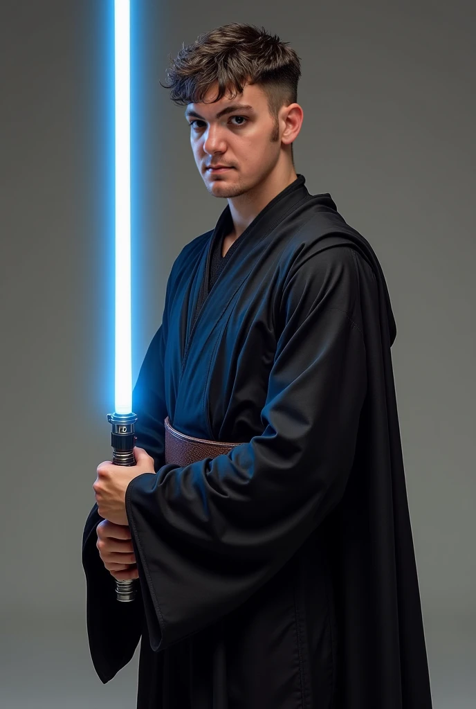  My version of a Jedi ,  then dressed in black like Luke Skywalker in the Book of Boba Fett while training Grogu, with a blue lightsaber . Medium tonnage ,  slightly muscular ,  brown eyes,  nose a bit like a potato ,  thin mouth and hair shaved on the sid...