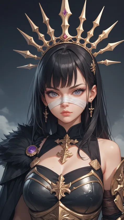 Make a sturdy 33-year-old adult woman of 3 meters anime wearing a black dress mixed with armor with a bandaged full face and with a black crown in addition to a giant sword 
