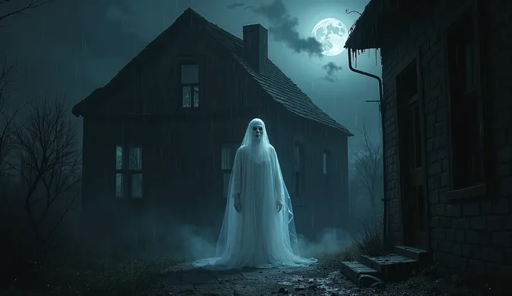 realistic image of a haunting in a dark house on a cold rainy night low lighting