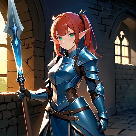 masterpiece, hd, high resolution, high quality, best quality, super detailed. solo character alone, multiple views. fantasy art.
{{(A 18-years-old elf-girl-knight:(appearance: fair-skin. beautiful-green-eyes. red-hair-tied-in-two-high-short-twintails-with ...