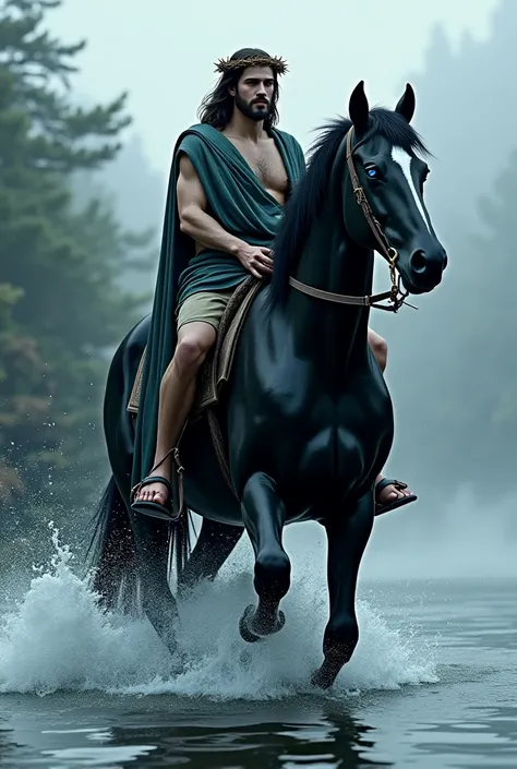 Jesus with a crown of thorns on his head riding a giant black horse with blue eyes in a river