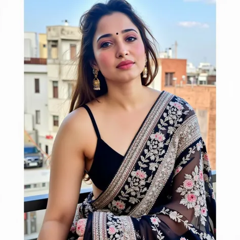 Full body photo portrait of beautiful indian lady in her 20s, looking at viewer, wearing transparent black saree and black sleeveless blouse, modern jewellery, (realistic eyes, symmetric face:0.8) (masterpiece:1.2) (photorealistic:1.2) (bokeh) (best qualit...