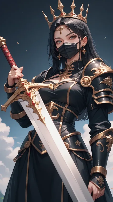 Make a sturdy 33-year-old adult woman of 3 meters anime wearing a black dress mixed with armor with a mask covering her entire face including her mouth and with a black crown in addition to a giant sword 
