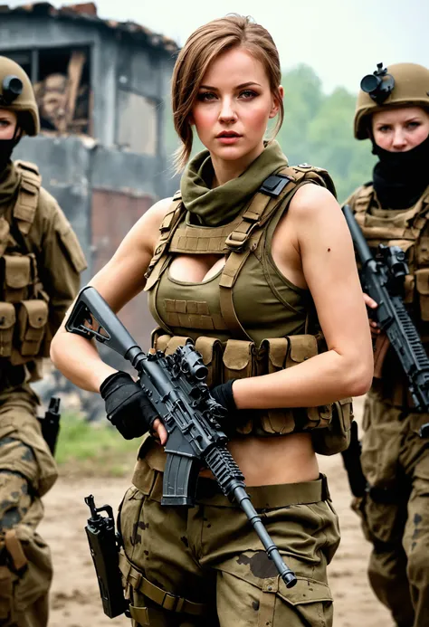 Photo-real, Ultra-realistic, (1 Polish female soldier，Super beautiful face, ), (fully armed，Ready to fight:1.5, Large breasts,naked, Special Forces，assault rifle ，Lead the team to carry out tasks together, advance，Spectacular, (sludgy, Damaged clothes, ),B...