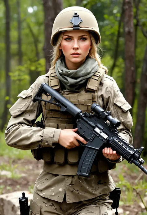 Photo-real, Ultra-realistic, (1 Polish female soldier，Super beautiful face, ), (fully armed，Ready to fight:1.5, Large breasts,naked, Special Forces，assault rifle ，Lead the team to carry out tasks together, advance，Spectacular, (sludgy, Damaged clothes, ),B...