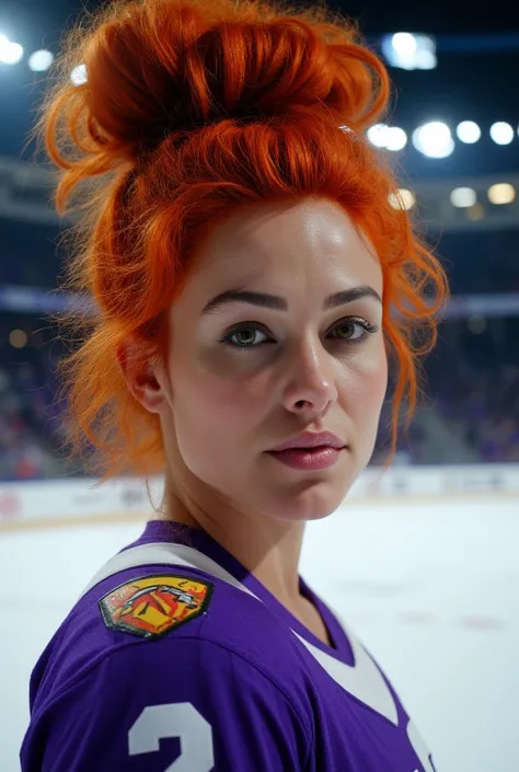 An unforgettable portrait of an extremely awesome woman with hair, her face illuminated by white lights in a unique setting. Extremely detailed and artistic background, set in a hockey stadium. Woman with vibrant red hair and emerald green eyes, wearing a ...