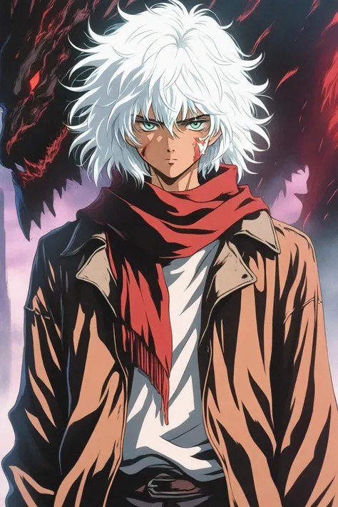 1man, perfect face, Young Japanese man wearing a red scarf and a somewhat old and worn brown jacket, messy hair, completely white t-shirt, battered red scarf, ryoma nagare, cream coat, white hair, 18yo, 18, 1boy, solo, alone, short hair, dark_fantasy_style...