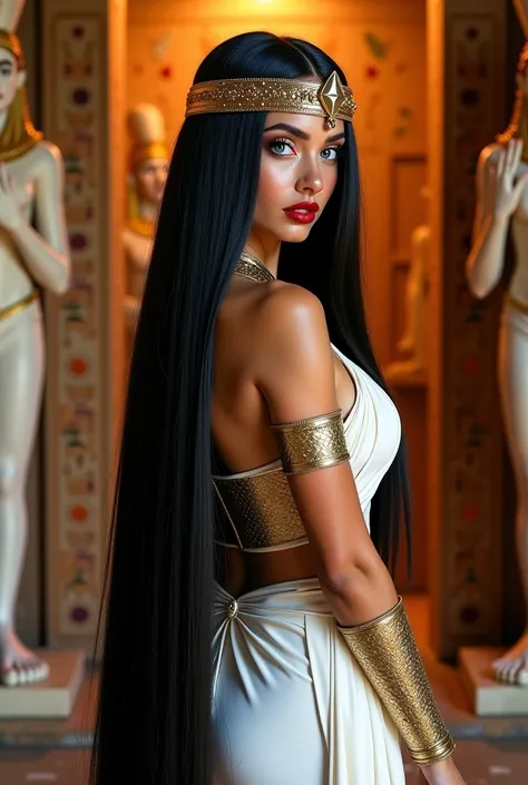 EmeraudeToubia,   Extremely long straight black hair  , polished with shiny  ,   blue eyes,  Red lipstick,  textured leather , face,   defined body,   big boobs, Wearing Cleopatra costume with fine white cloth,  gold accessories , Sensual pose in Egyptian ...