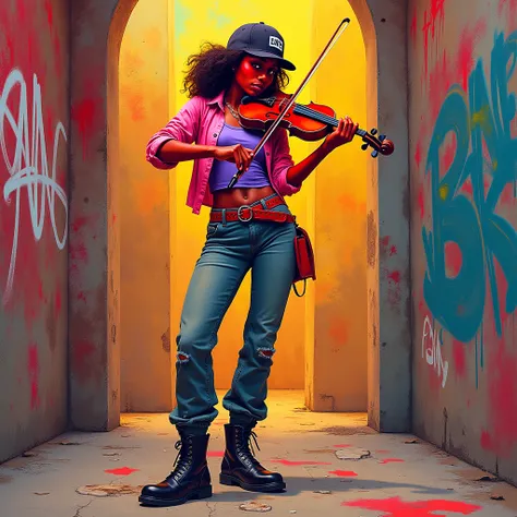 Chunesa Red woman playing VIOLIN with zero suit PINK BLOUSE JACKET PURPLE T-SHIRT RED BELT hip hop cap in graffiti style leather boot warm colors,  in the abstract standing front art style, Mixed colors of warm and colorful colors 