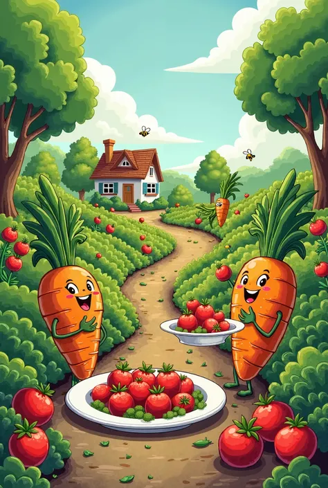 Cartoon type, From the garden to the plate, they’re a treat"**  
    A beautiful vegetable garden with fresh produce being harvested and placed on a plate.