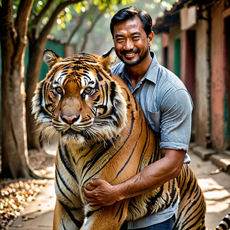 " A huge tiger approached a man behind him, with its two front legs hugging his shoulders. The tiger's facial expression looks calm and the details of its fur are realistic, highlighting the tiger's distinctive striped pattern. The background is simple, fo...