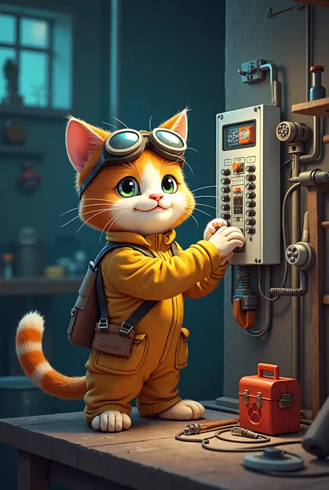 Electrician cat assembling an electrical panel 