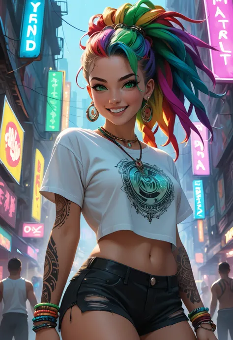 masterpiece, best quality:1,2), 1 girl. Charming nymph with delicate features, dancing and laughing merrily. Delicate cheeks, blush, freckles. (Rainbow-colored hair, long thick matted dreadlocks. Shaved temples, decorated with tattoos). Iridescent large tr...