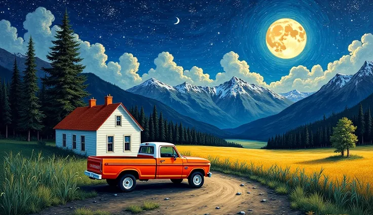 create masterpiece, best quality, Vincent Van Gogh oil painting style. Background: night, starry sky, full moon, clouds, moonbeams coming out from the clouds, high mountains with snowy peaks, coniferous forest, green young wheat field, dirt road. Center: w...