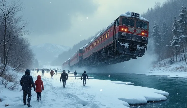 "A detailed illustration of a train derailing and falling into a frozen river, with people trying to escape across the ice. The scene is snowy and chaotic, filled with tension, in a semi-realistic art style with highly detailed and cinematic lighting."
"A ...