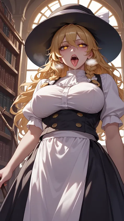 marisa,marisa Kirisame, high resolution, 8k,masterpiece,  very detailed,  Libraries , big breasts,  stick out her tongue, saliva,  drools,  Rough Breathing ,  ahe face,  Hollow Eyes , Empty look,  low angle,