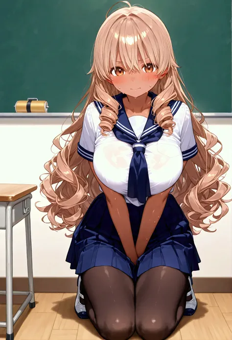 classroom、 full body depiction、 girl { light brown hair、 semi-long、Curly hair、 voluminous hair、 big breasts、Sunburn、Dark Skin、 embarrassed face、 sailor suit、Summer clothes、short navy blue skirt、 black pantyhose、White indoor shoes 、}、
