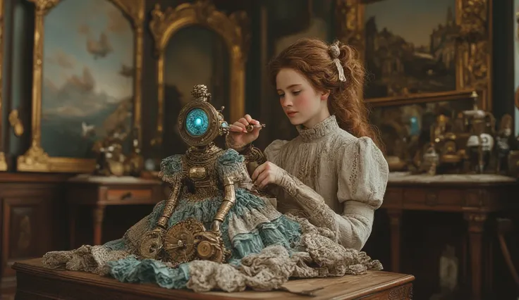 A young girl, no older than 7, with curly auburn hair tied with delicate brass ribbons. She’s sitting in a lavish Victorian parlor, cradling a mechanical doll made of polished silver and copper, with glowing sapphire eyes and tiny jointed limbs. The doll’s...