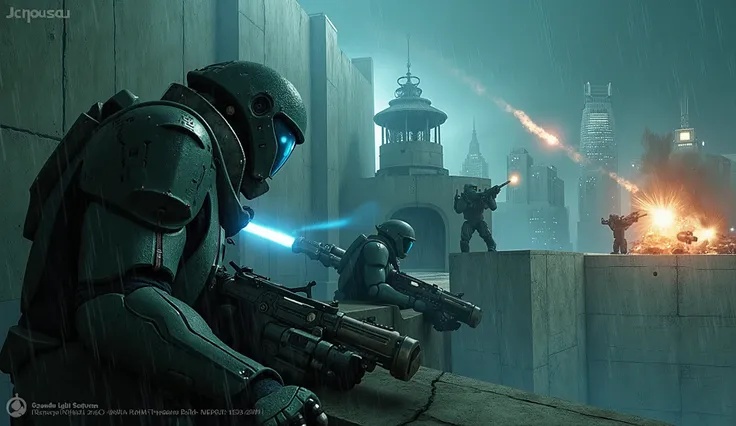 A close-up captures multiple **Robo-Cop guards** crouched behind mounted **turrets** on the brutalist **H.A.P.S. prison walls.** Blue laser beams streak upward from the turrets, illuminating the wet, rain-soaked battlefield below.  

Suddenly, a **missile ...