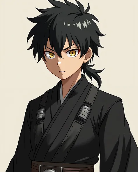 A tall anime character, muscular, Black hair shaved on the sides, short, smooth and narrow cut at the bottom, dull, narrow and intimidating yellow eyes with red borders on them. He wears dark Jedi outfits with a combination of black and dark gray..