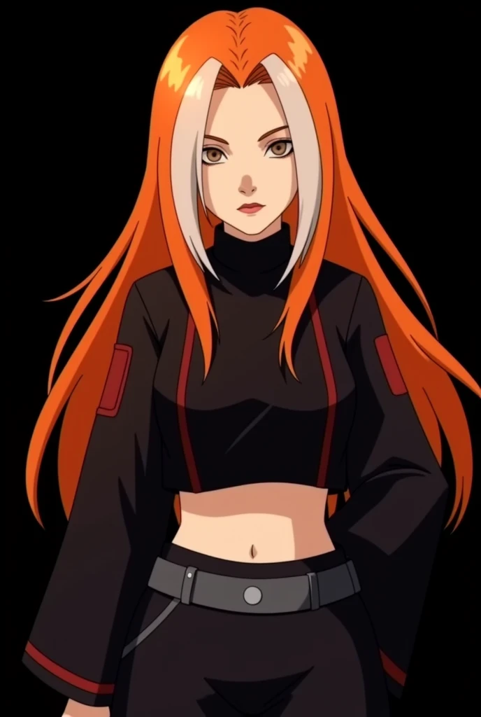 Female character of a   designed for the Naruto Classic universe, in the style of Masashi Kishimoto ,  Aparência:

Age: 12 anos

 Aparência:

hair:  long and flaming ,  with an intense orange tone that seems to shine in the sunlight .  Two white locks high...