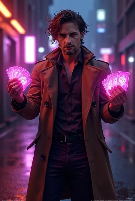 Remy LeBeau, A charismatic man with messy brown hair and glowing red eyes, wearing a long brown trench coat over a sleek black and purple outfit. He has a confident smirk, and his hands hold glowing playing cards charged with kinetic energy, the light cast...