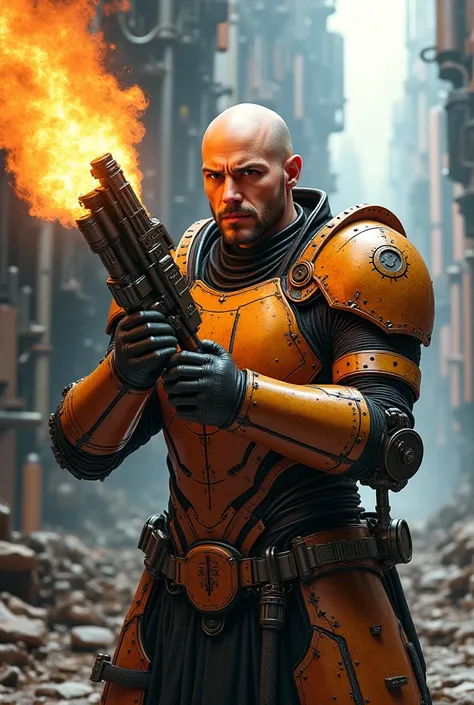 ( best illustrations:1.2), ( masterpiece:1.2 ), ( super detailed), 8k, 16k, wallpaper,( steampunk:2.0), Bald knight with short beard, futuristic armor, mid 30s, flamethrower