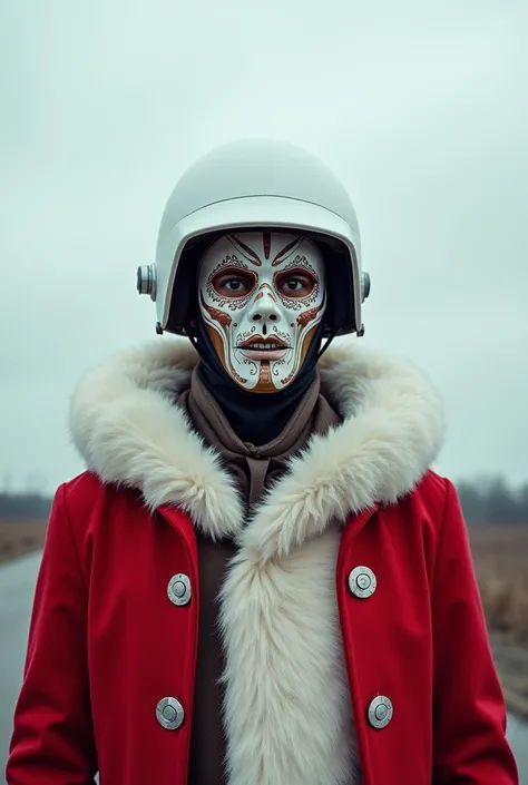 Male person wearing carnival mask ,  white ballistic helmet , And Santa Claus red and white coat, Clean background landscape