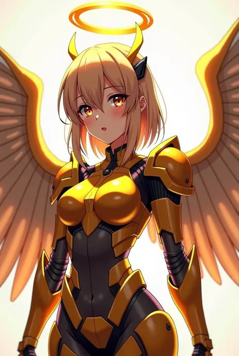  anime girl  with angel wings and a halo on her head and a Orange lock-pick located on her stomach, angel knight girl, mechanized Valkyrie girl, best anime 4k konachan wallpaper,   angel-like golden armor  ,   futuristic robot angel  ,  Beautiful cyberneti...